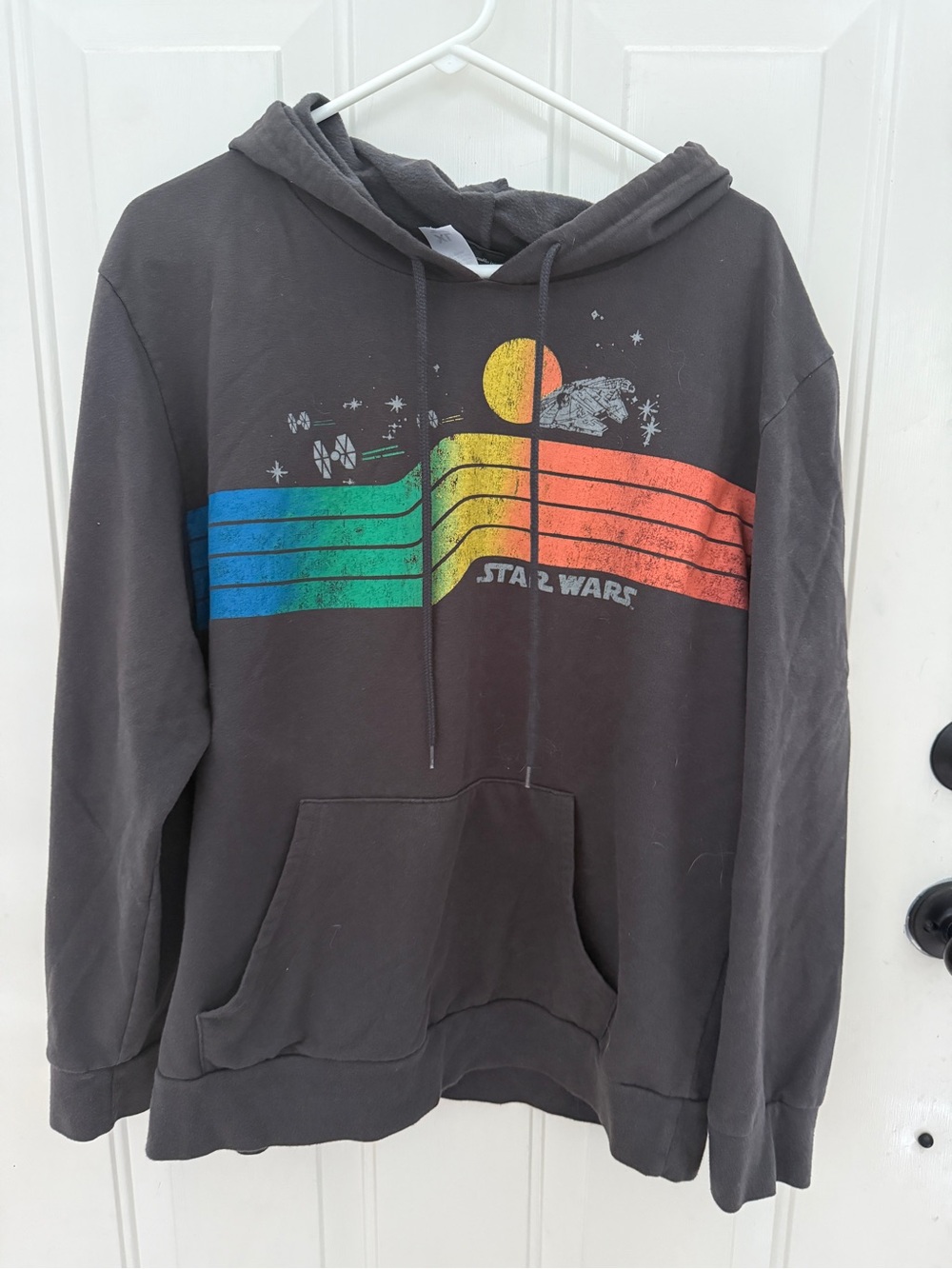 Star Wars Men's Black Crewneck Hoodie with Rainbow Retro Stripe Graphic
